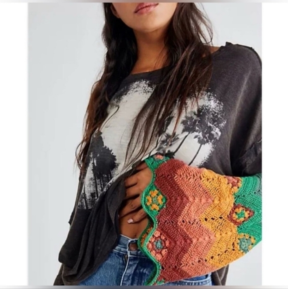 We The Free So Edgy Tee Black Graphic Top with Colorful Knit Sleeves - Picture 2 of 4